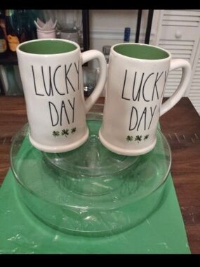 Rae Dunn 2pc White Mug with Green Interior and Shamrock Accent